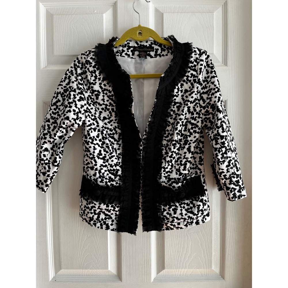 Marisa Christina Black & White Abstract Ruffle Trim Jacket Size S 100% Cotton